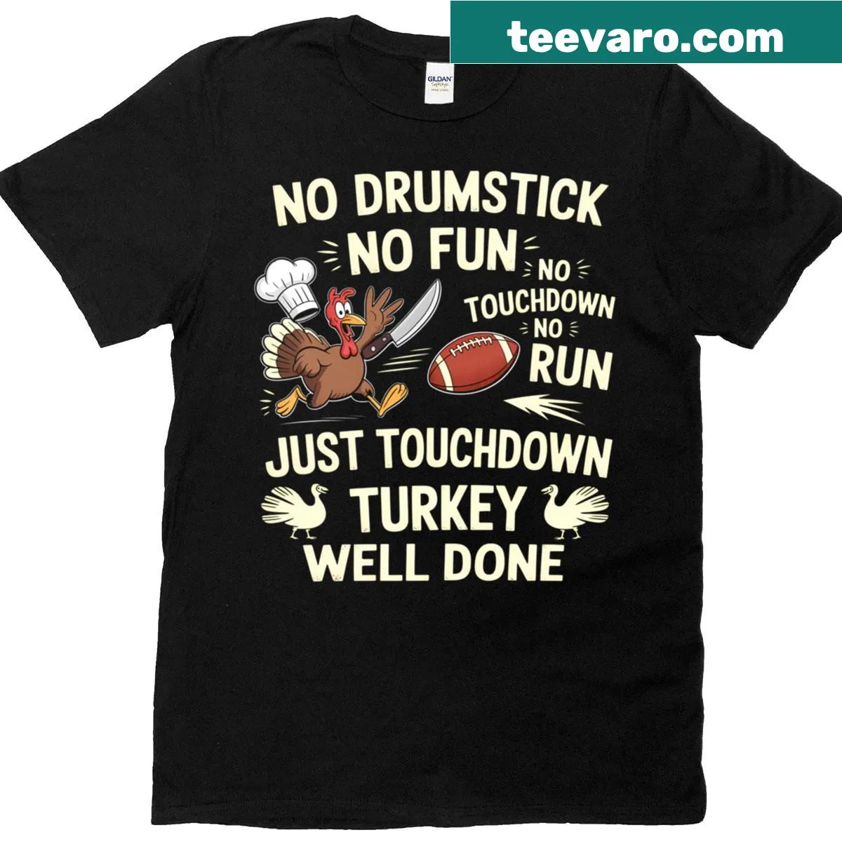 Thanksgiving t-shirt with the phrase 'No Drumstick No Fun' and football theme. — on a men's t-shirt