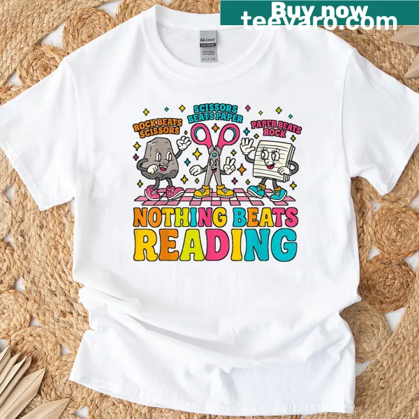 Humorous 'Nothing Beats Reading Rock Paper Scissors' graphic T-shirt