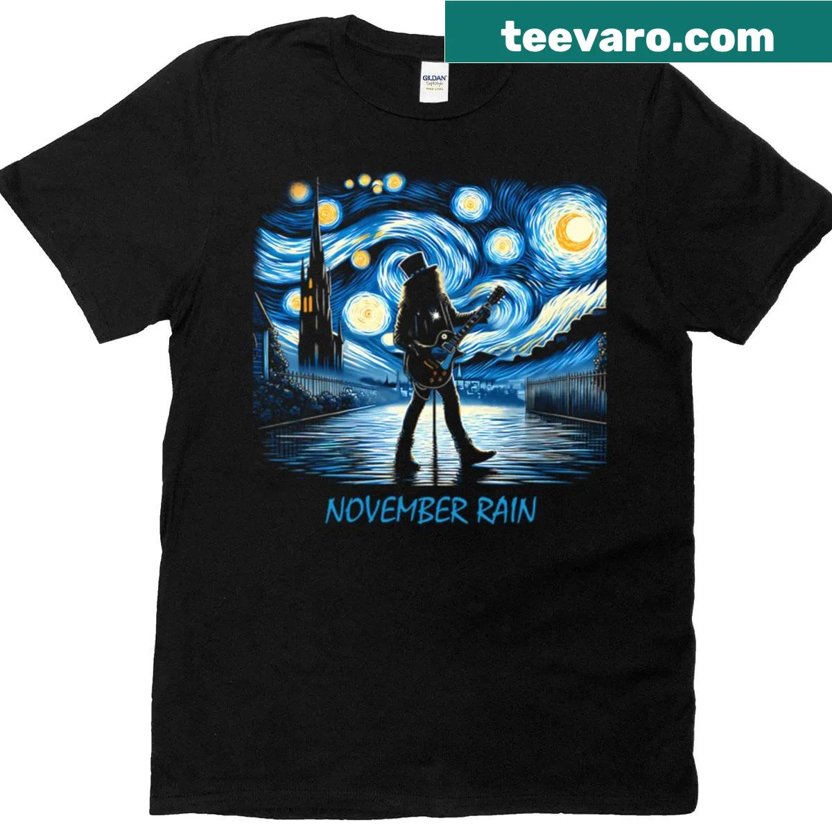 T-shirt with a whimsical illustration of November rain and a starry night. — on a men's t-shirt
