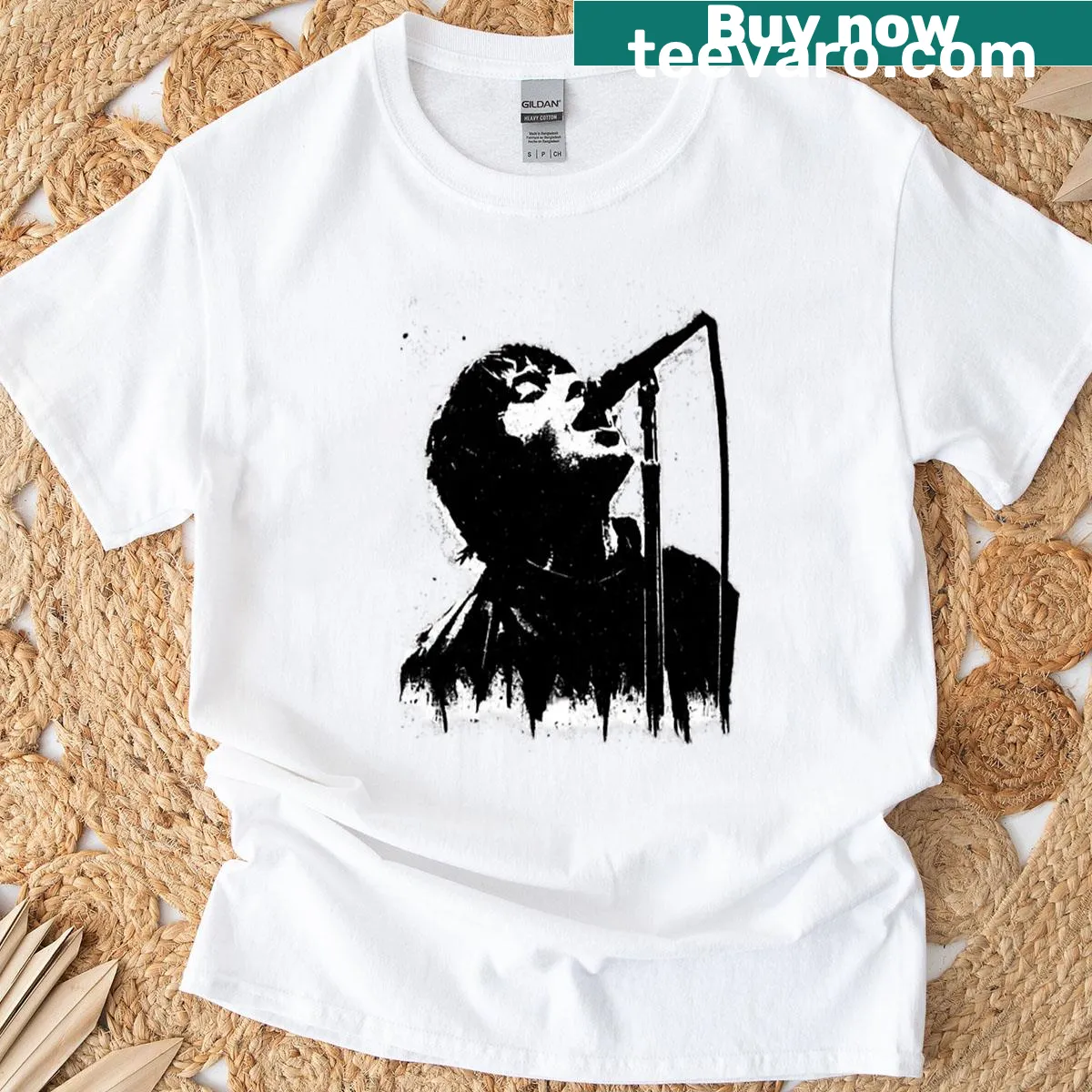 Shirt featuring graffiti-style stencil art inspired by alternative rock — on a men's t-shirt