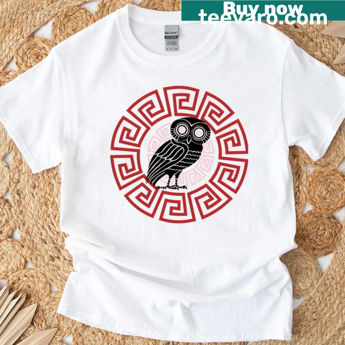 T-shirt featuring the Owl of Athena emblem design — on a men's t-shirt