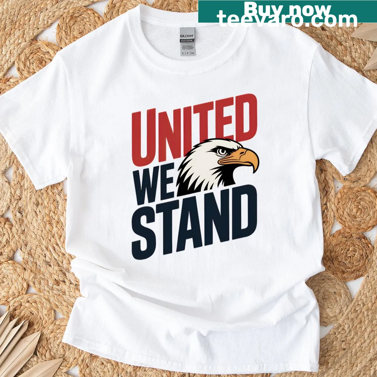 Bald eagle graphic with 'United We Stand' text on a t-shirt. — on a men's t-shirt