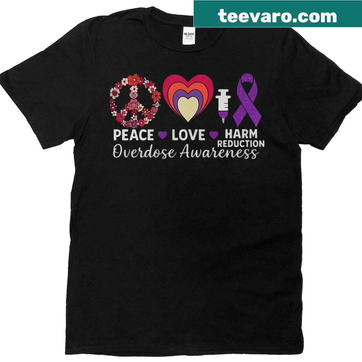 Purple ribbon graphic symbolizing peace and love for overdose awareness — on a men's t-shirt