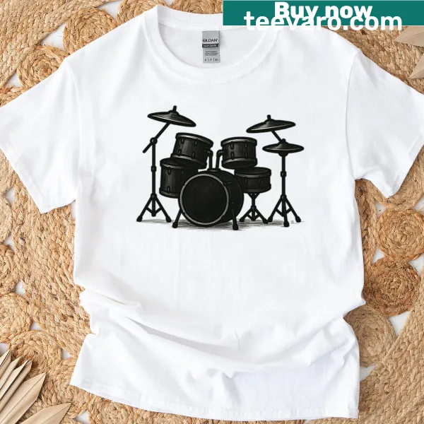 Illustrative t-shirt featuring percussion instruments and dark theme