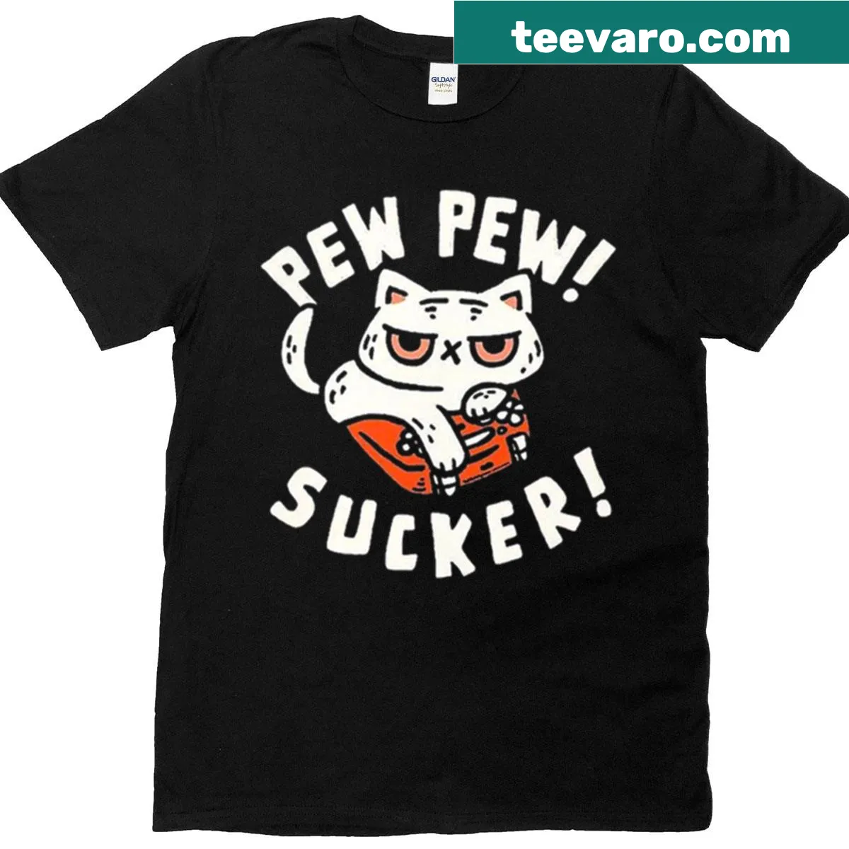 Playful cartoon black cat T-shirt with the phrase 'Pew Pew' — on a men's t-shirt