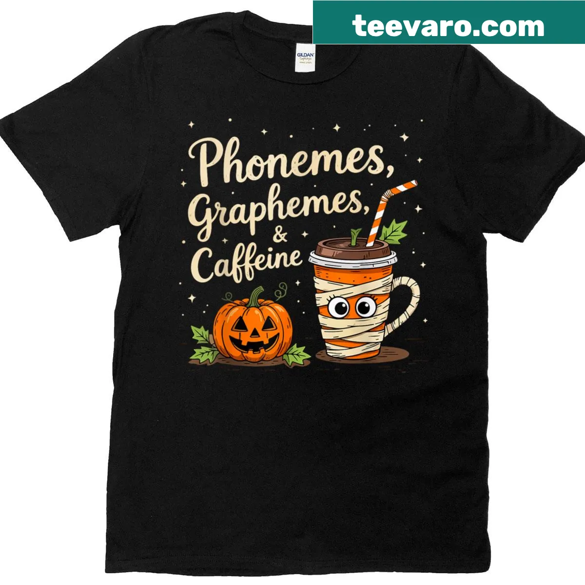 Funny back-to-school T-shirt featuring phonemes, graphemes, and caffeine — on a men's t-shirt