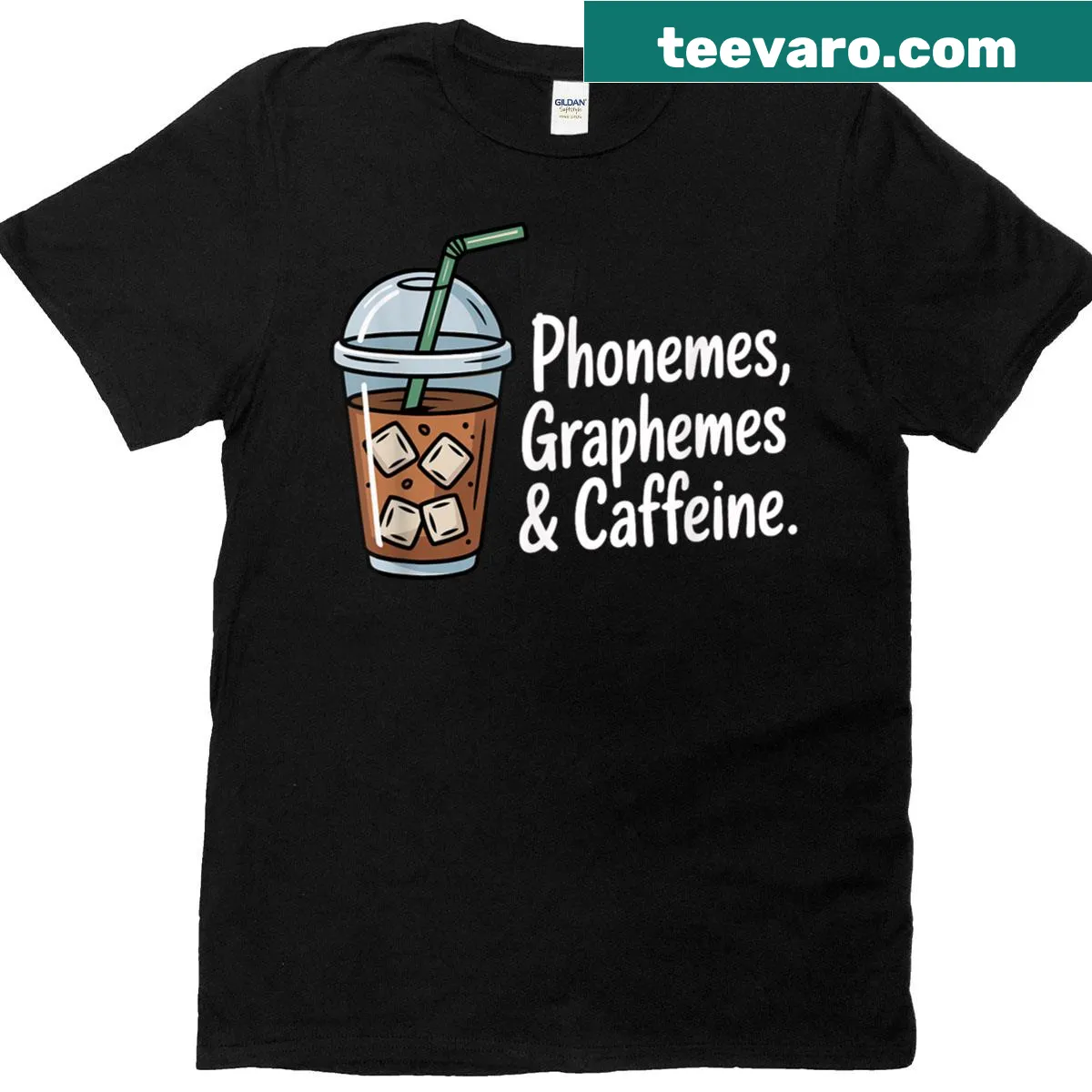 Teacher appreciation shirt with phonemes, graphemes, and caffeine text — on a men's t-shirt
