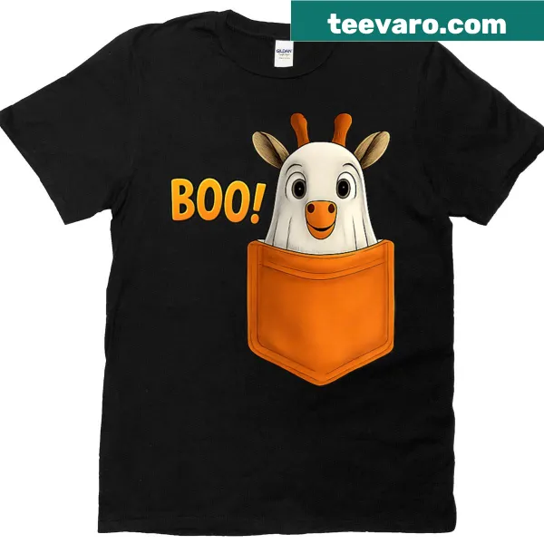Cartoon giraffe in a ghost costume with 'Boo' text for Halloween.