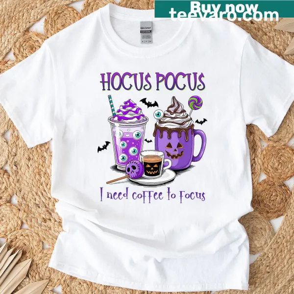 Fun coffee-themed typography T-shirt with the phrase 'Hocus Pocus I Need Coffee'
