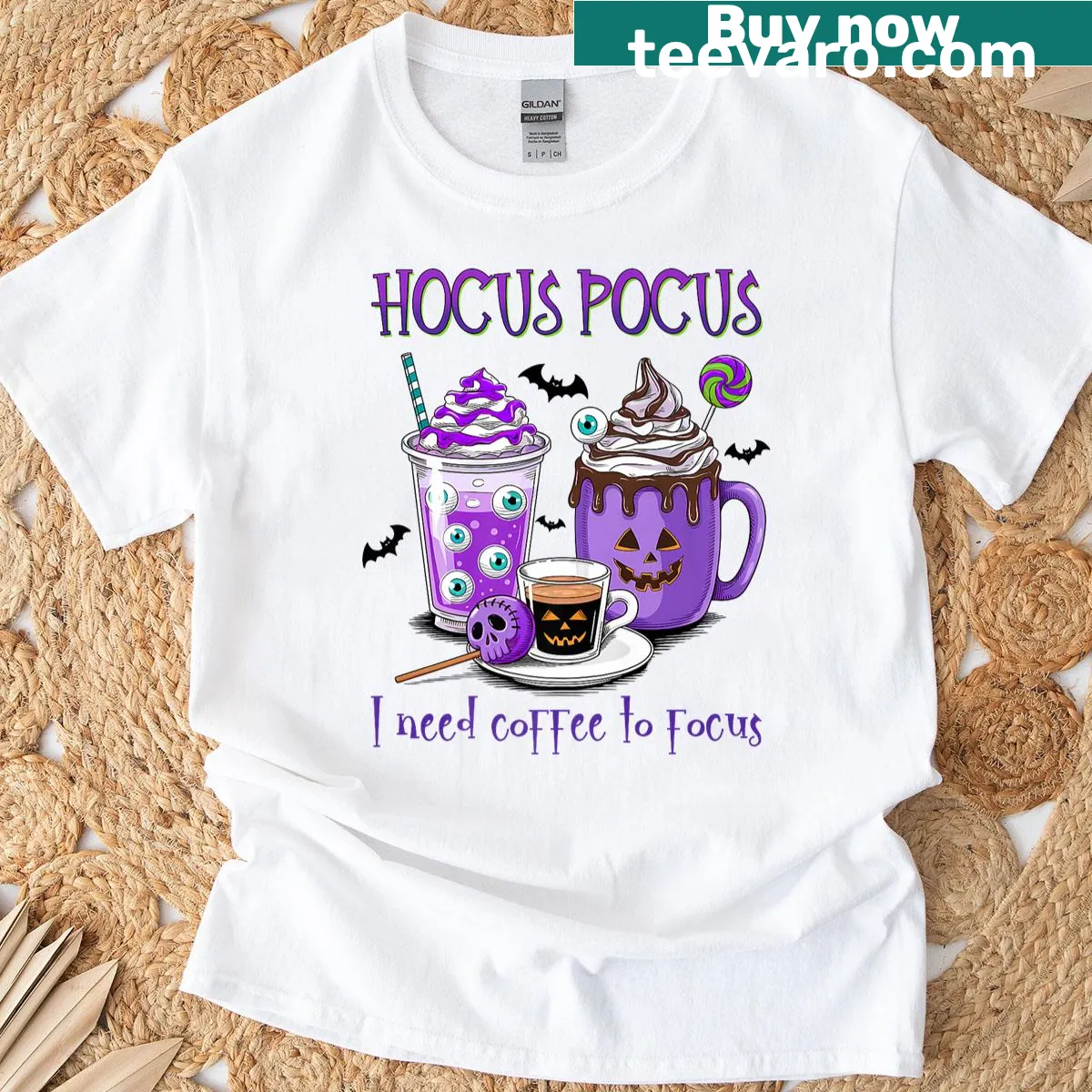 Fun coffee-themed typography T-shirt with the phrase 'Hocus Pocus I Need Coffee' — on a men's t-shirt