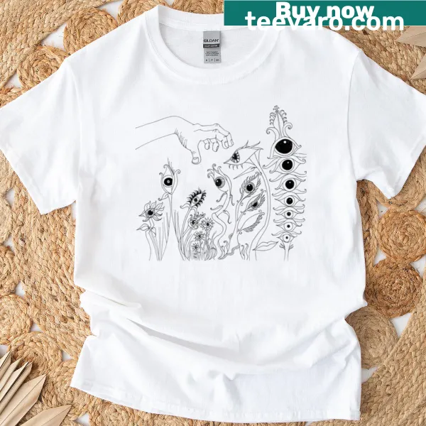 Illustrative t-shirt featuring psychedelic flowers with eye motifs.