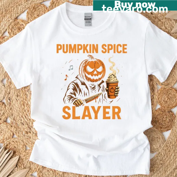 Funny graphic of a 'Pumpkin Spice Slayer' for Halloween on a t-shirt.