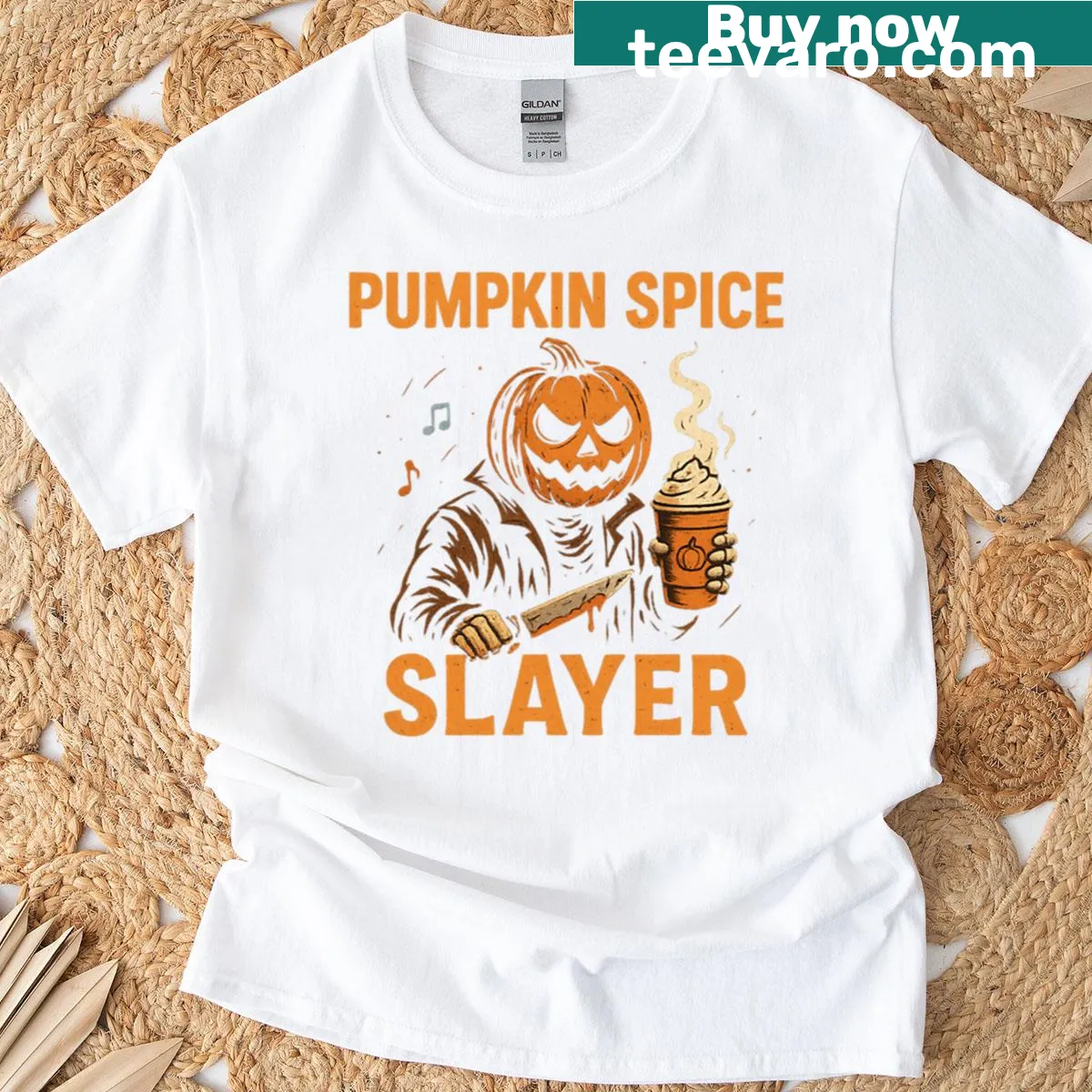 Funny graphic of a 'Pumpkin Spice Slayer' for Halloween on a t-shirt. — on a men's t-shirt