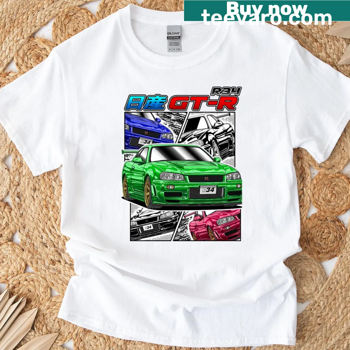 Retro manga-style R34 GT-R car graphic T-shirt — on a men's t-shirt