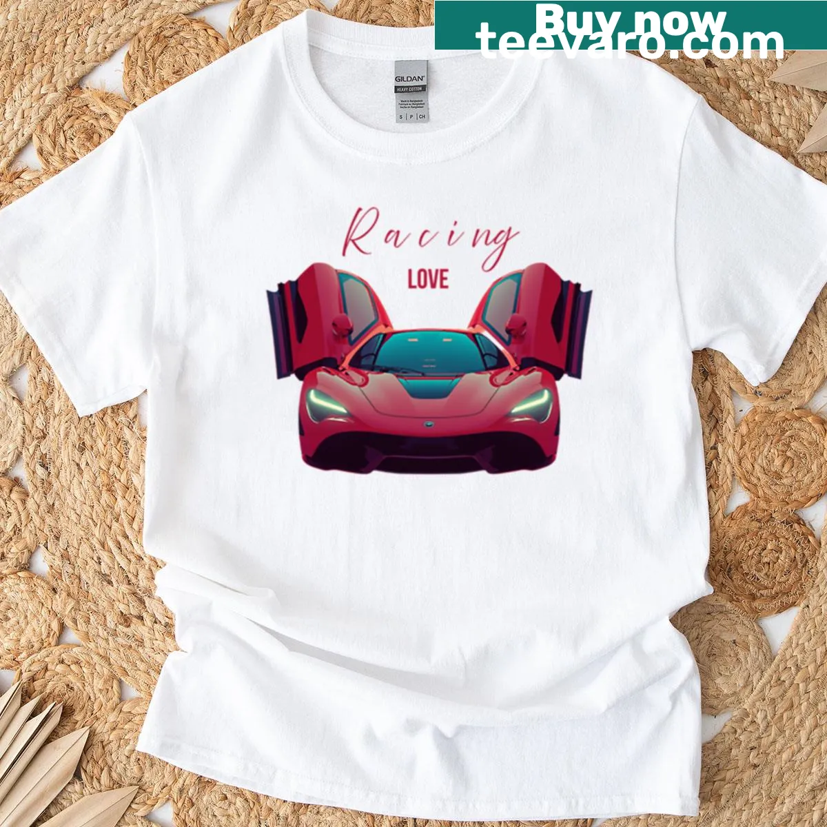 T-shirt featuring an illustration of a red supercar — on a men's t-shirt