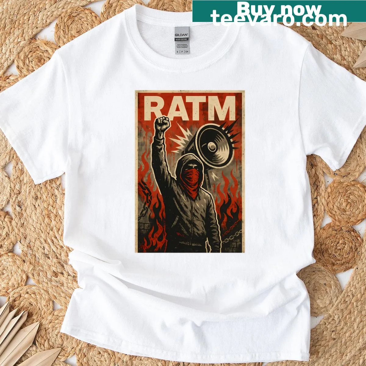 Vintage-distressed t-shirt with graffiti-style alternative rock and metal design — on a men's t-shirt
