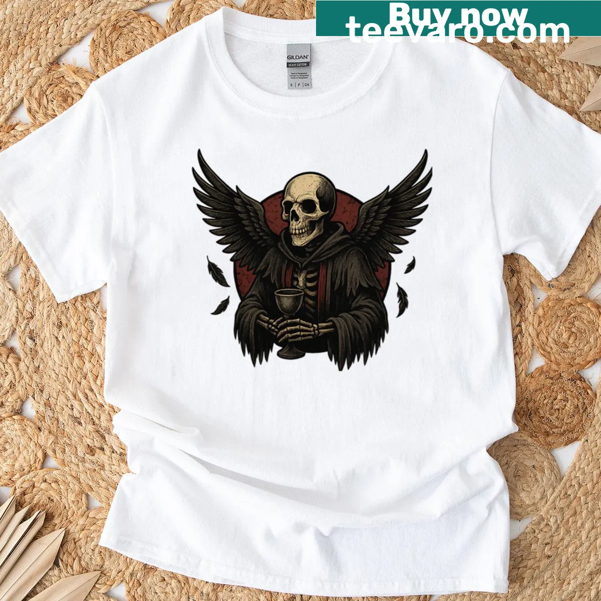Gothic design featuring a raven with skeleton wings on a T-shirt — on a men's t-shirt