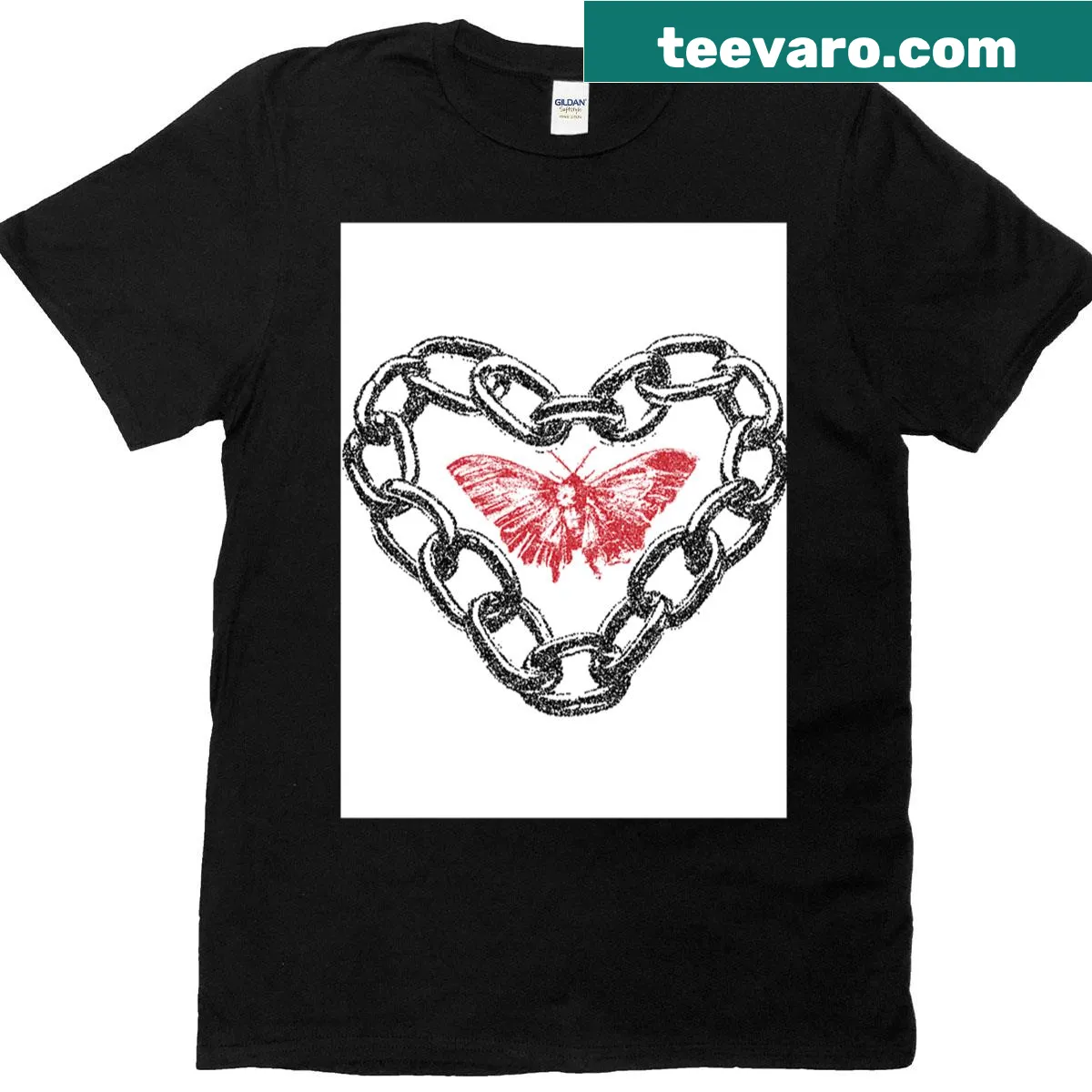 Vintage distressed t-shirt with red butterfly and chain link heart design — on a men's t-shirt