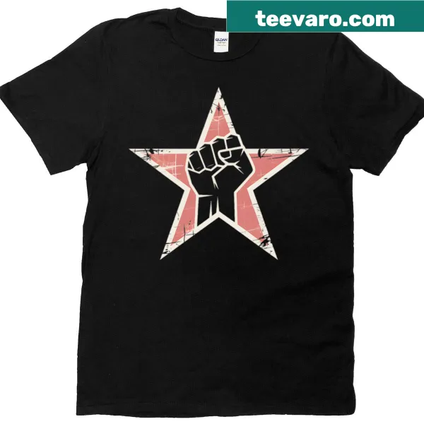 Vintage protest t-shirt with a red star and power fist emblem