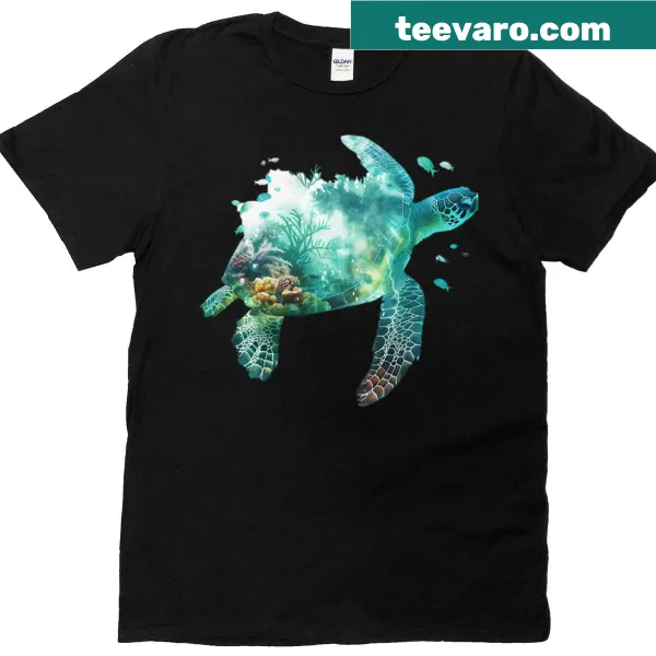Illustration of a sea turtle swimming through coral on a T-shirt