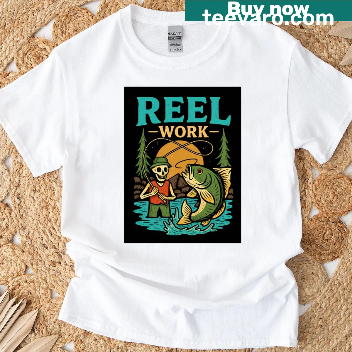 Fishing-themed t-shirt featuring a thoughtful graphic illustration — on a men's t-shirt