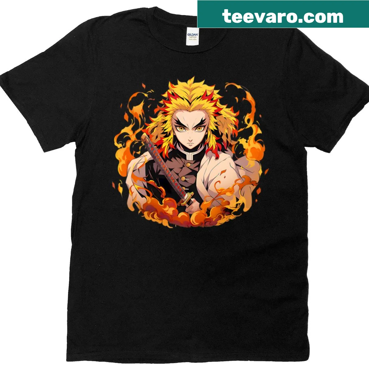 Anime design featuring a warrior in flames on a t-shirt. — on a men's t-shirt