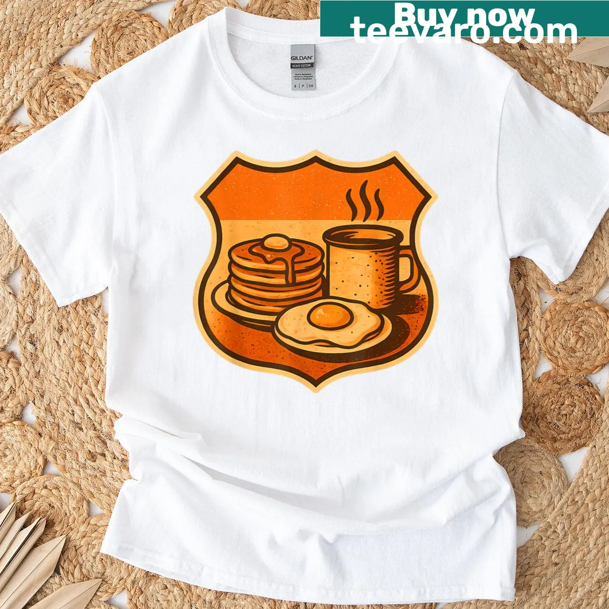 Retro badge design featuring breakfast foods on a T-shirt — on a men's t-shirt