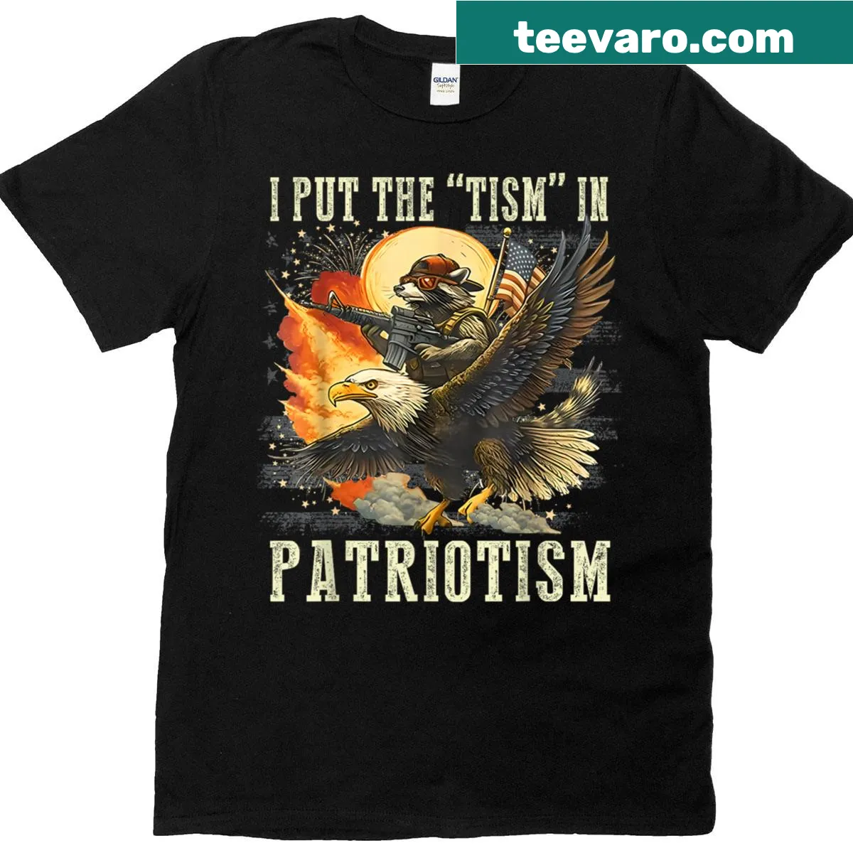 Retro patriotic T-shirt with eagle, raccoon, and USA flag — on a men's t-shirt