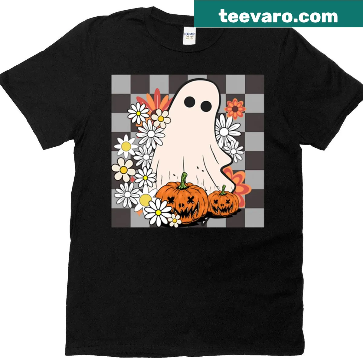 Cartoon retro ghost design with pumpkins and flowers for Halloween — on a men's t-shirt