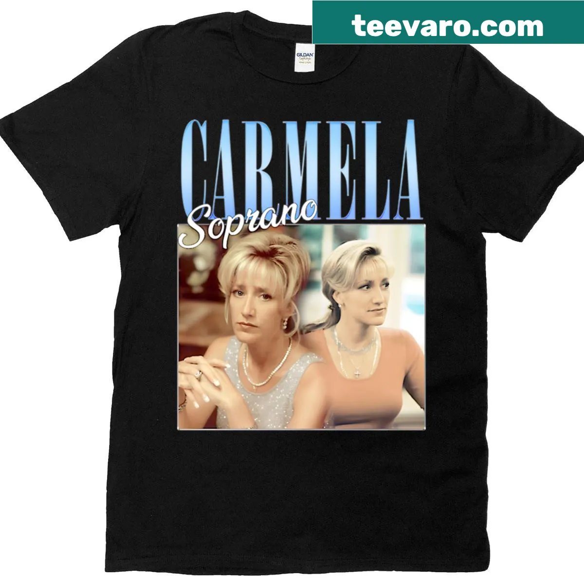 Vintage aesthetic t-shirt featuring a glamorous blonde woman illustration. — on a men's t-shirt