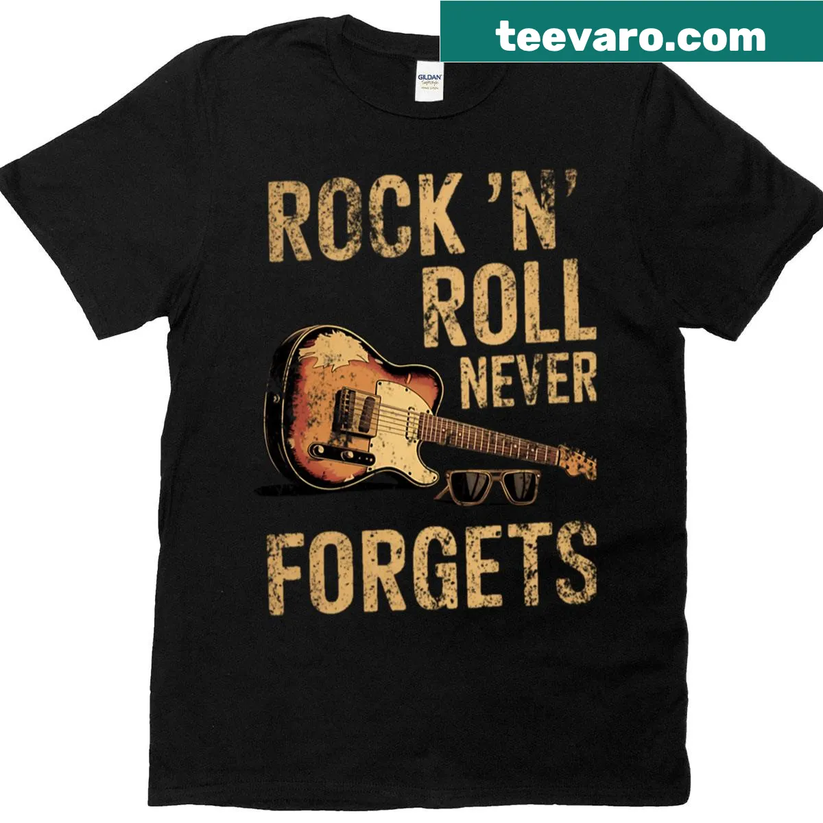 Vintage rock band t-shirt with a bold guitar graphic. — on a men's t-shirt