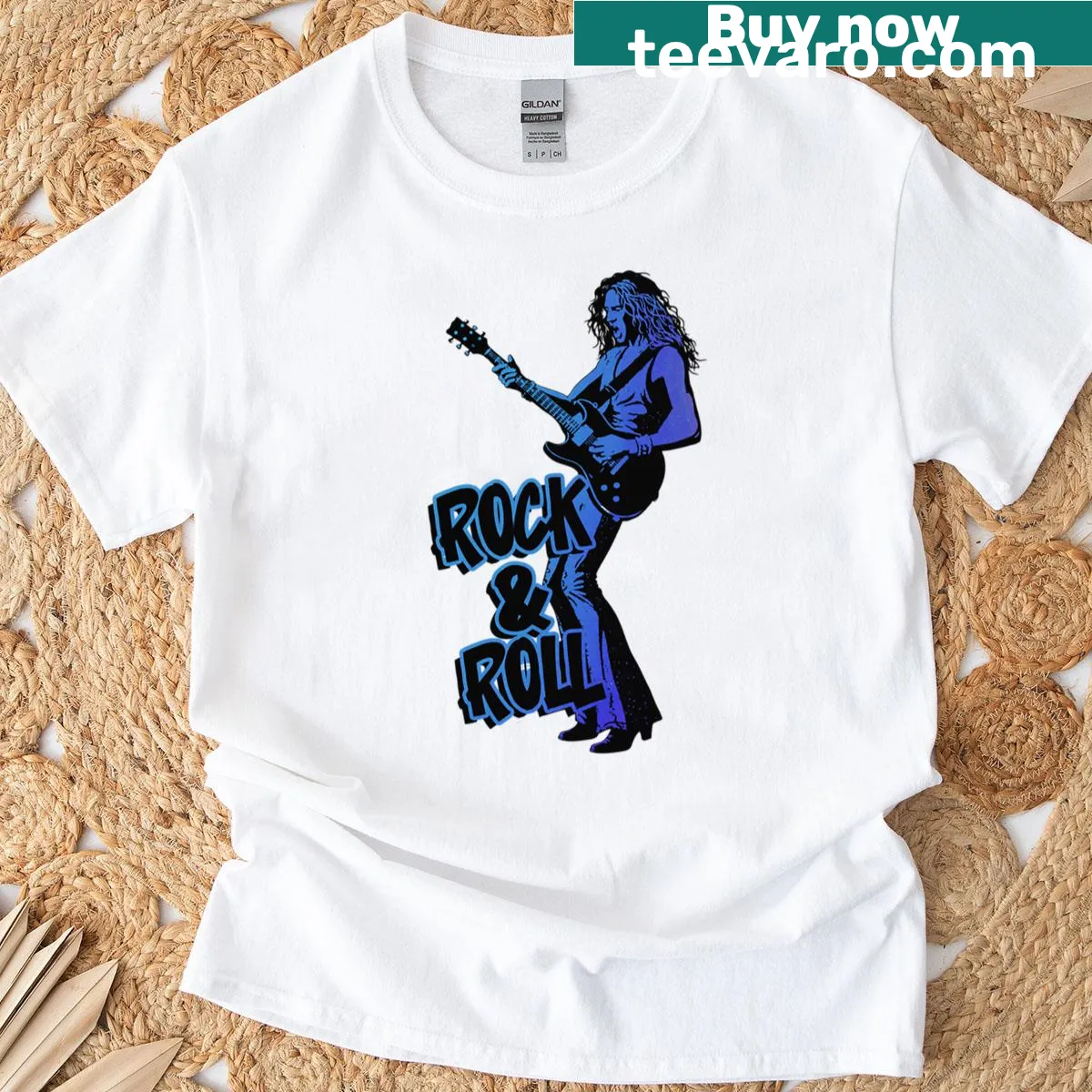 Vintage Rock Roll shirt with distressed music-themed artwork — on a men's t-shirt