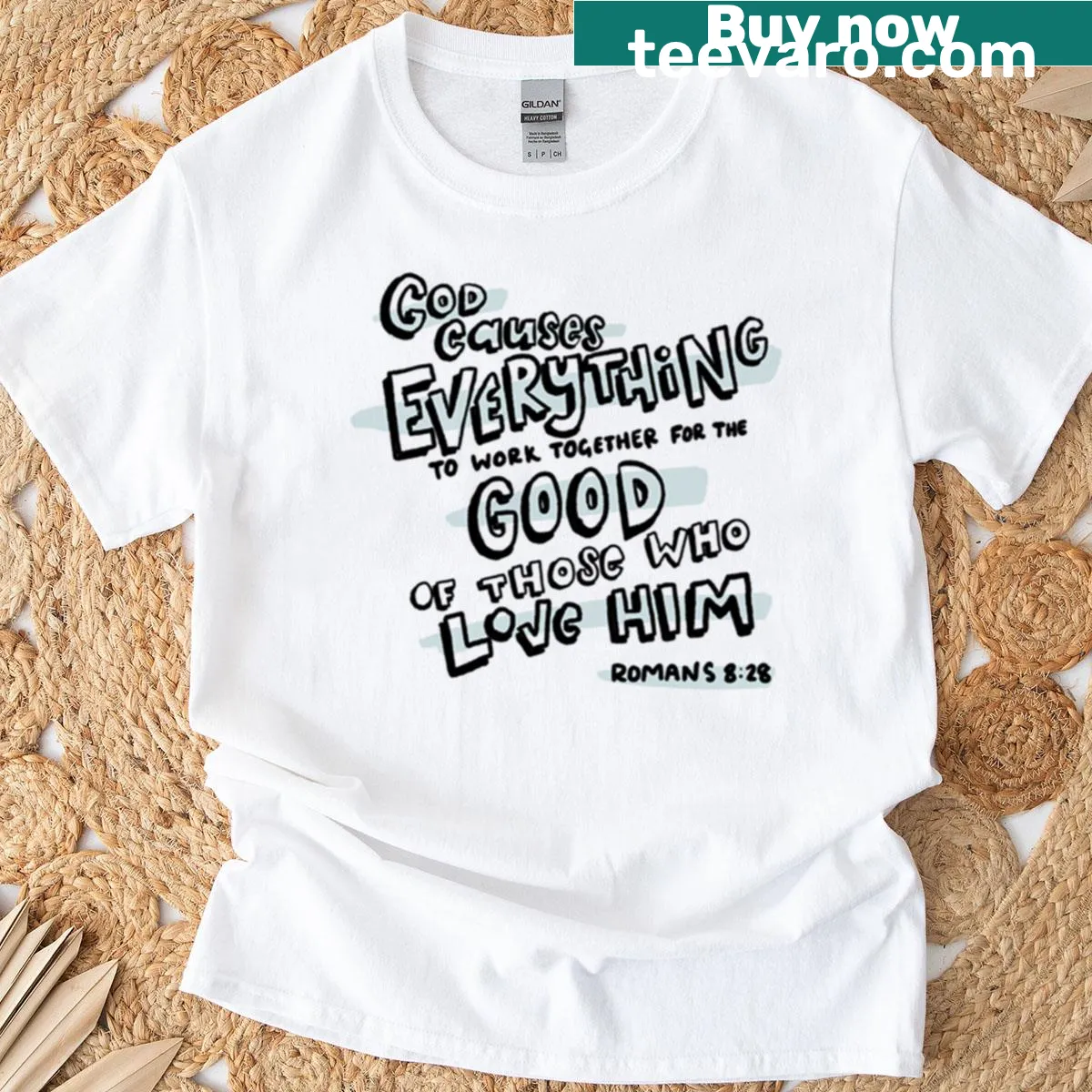 Inspirational shirt featuring Romans 8:28 scripture art — on a men's t-shirt