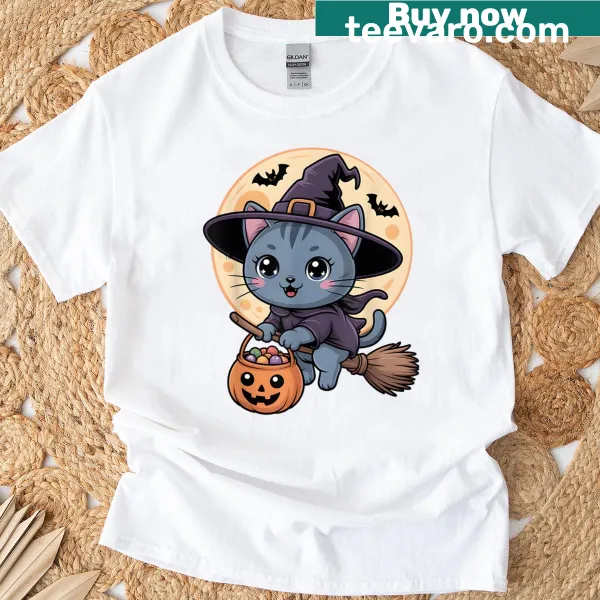 Illustrated Russian Blue cat in a witch hat on a pumpkin for Halloween