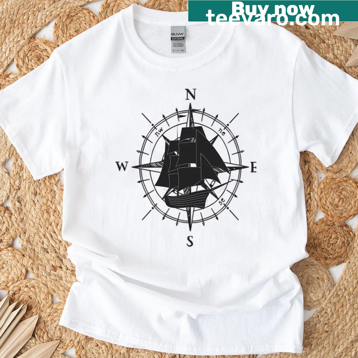 Vintage design of a sailing ship with a compass — on a men's t-shirt