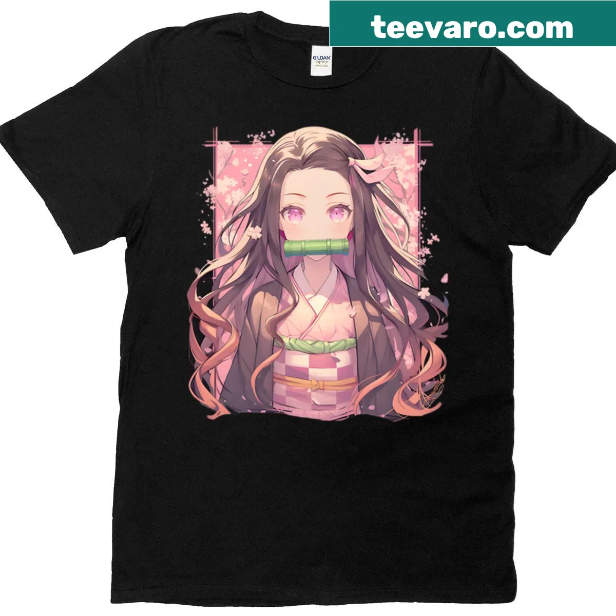 Anime girl in pink kimono surrounded by sakura flowers on t-shirt — on a men's t-shirt