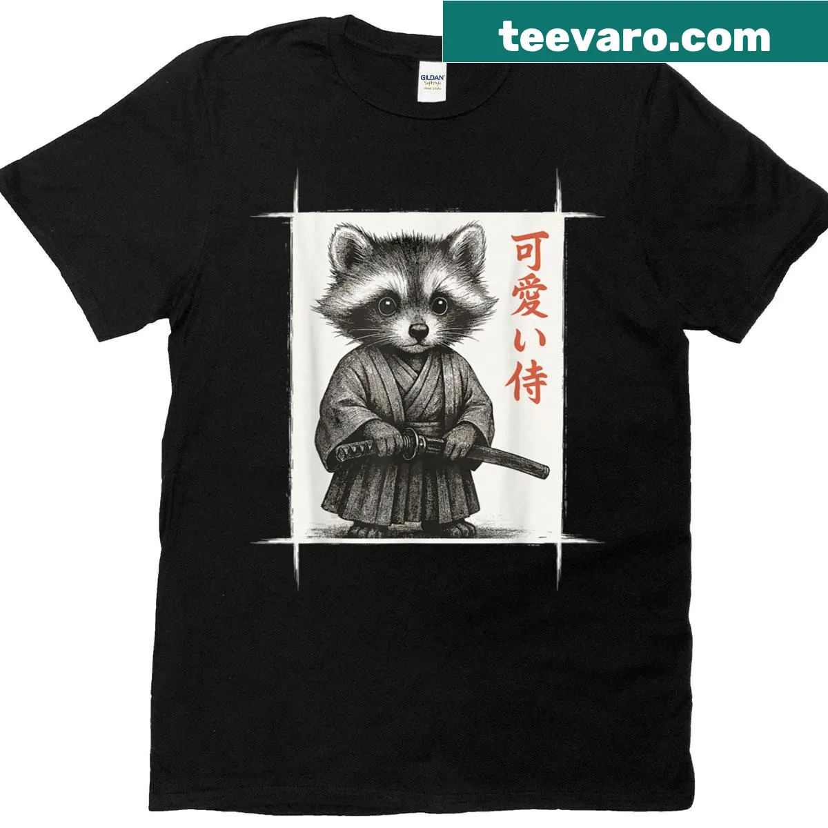 Kawaii-style samurai raccoon t-shirt with playful character art — on a men's t-shirt