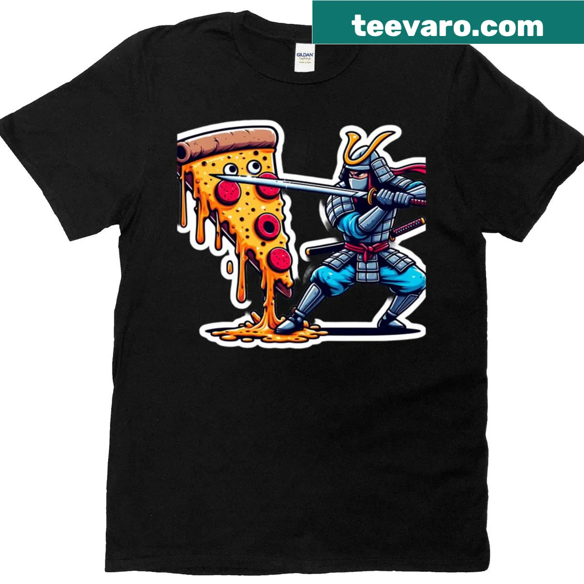Playful t-shirt depicting a samurai facing off against a pizza slice in vaporwave art style. — on a men's t-shirt
