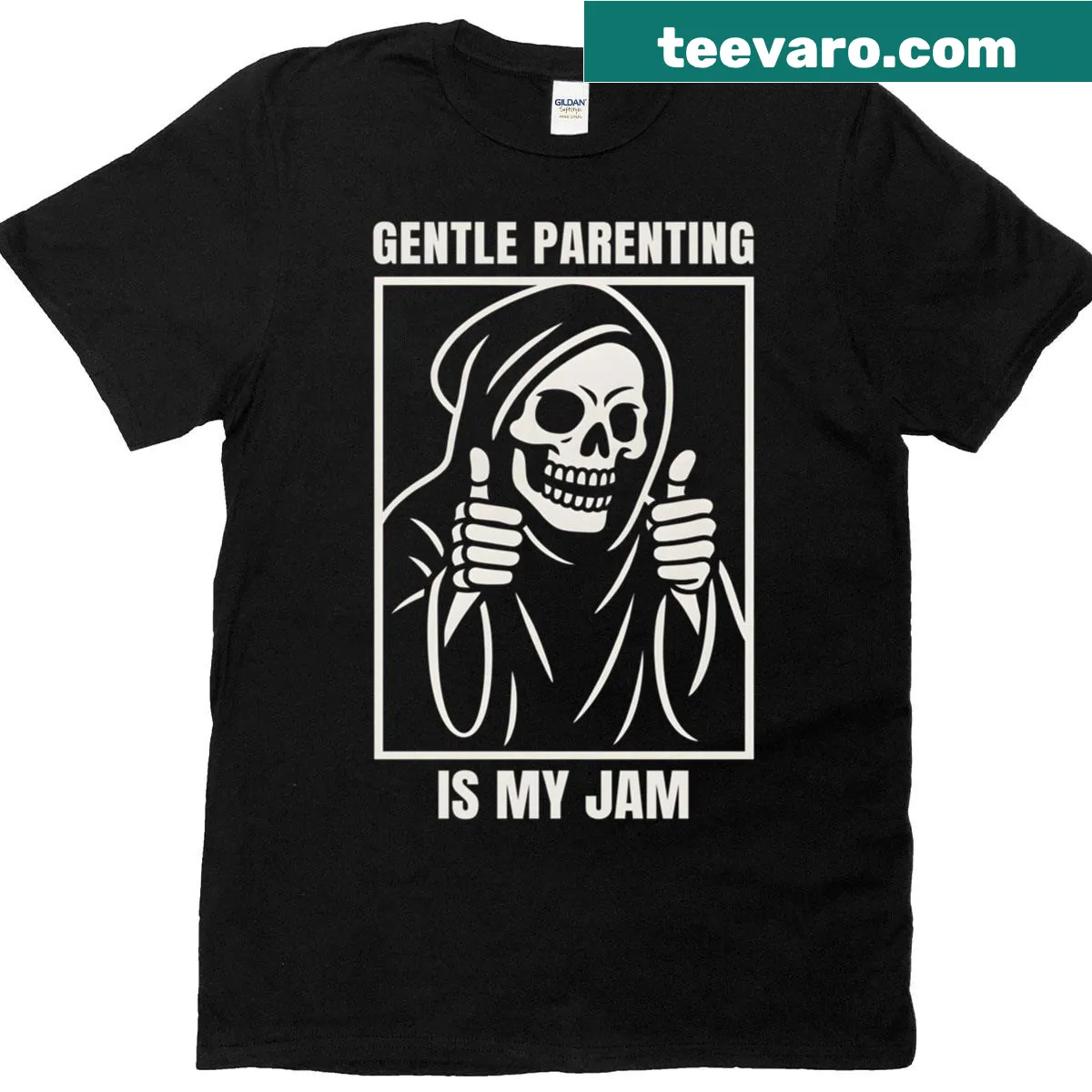 Skeleton illustration with text 'Gentle Parenting Is My Jam' on T-shirt — on a men's t-shirt