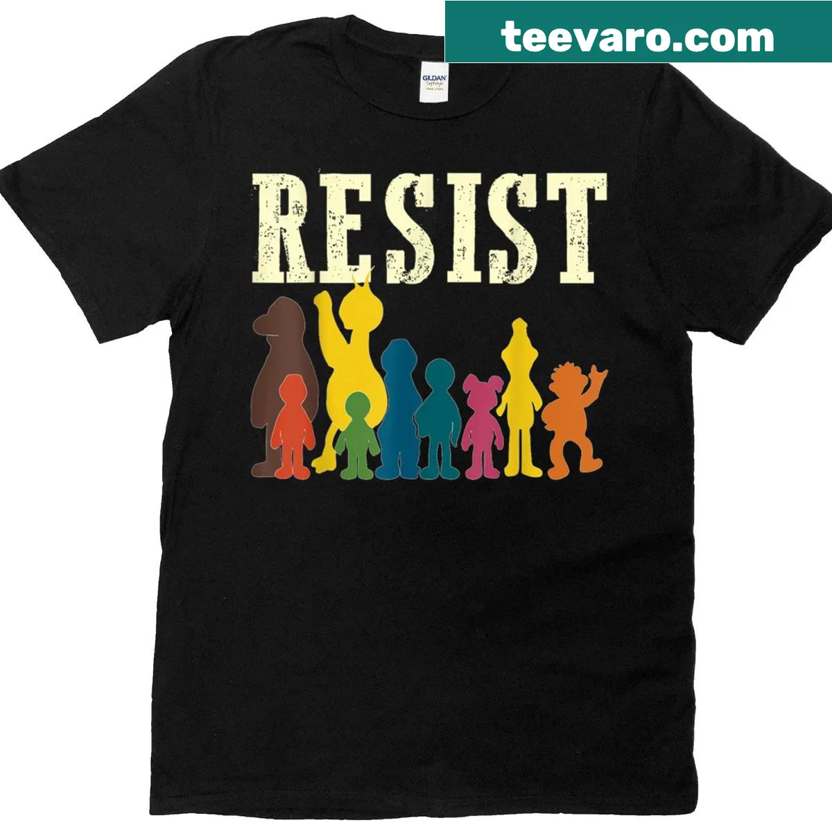 Save Resist shirt featuring rainbow character colors — on a men's t-shirt