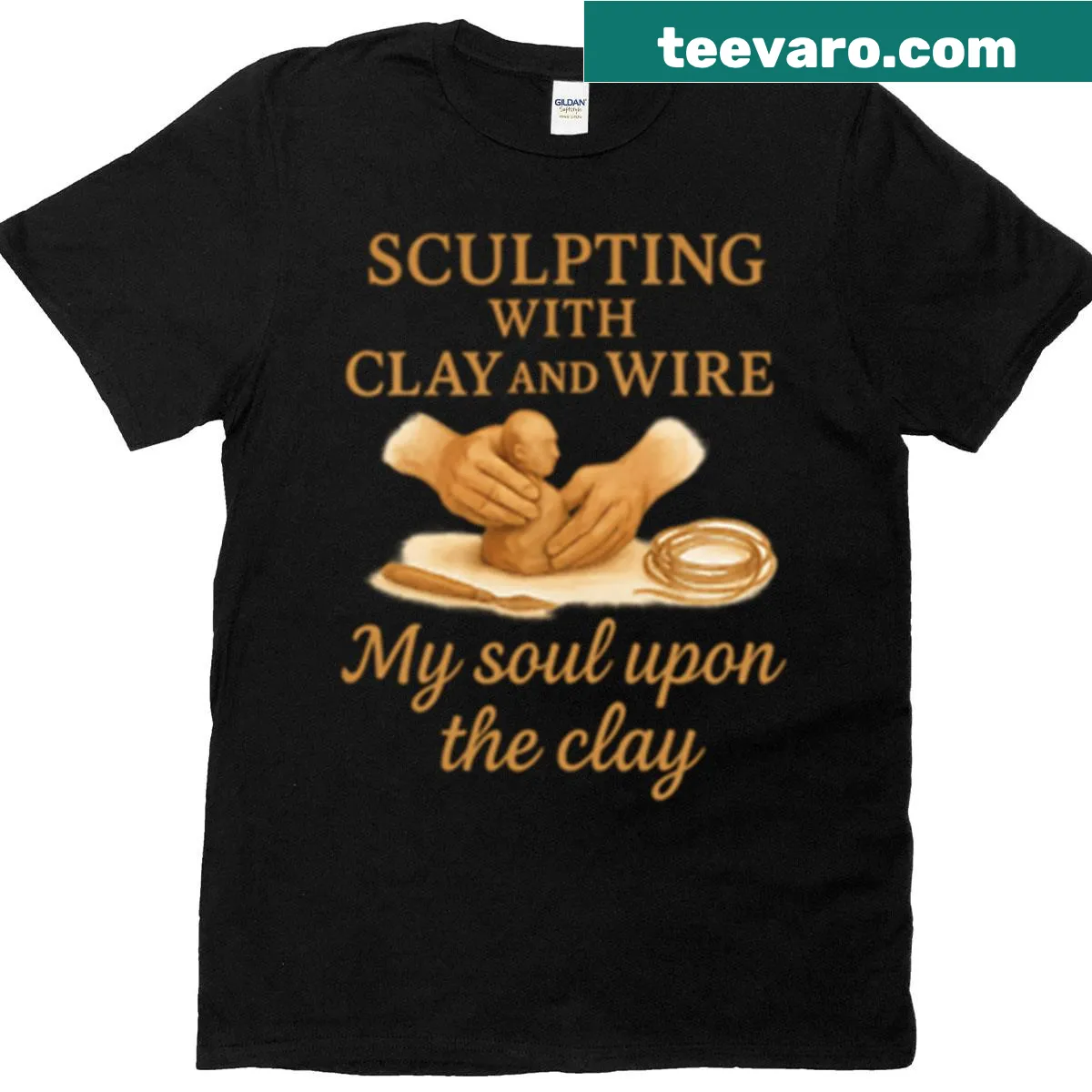 Artistic t-shirt featuring the phrase about sculpting with clay and wire. — on a men's t-shirt