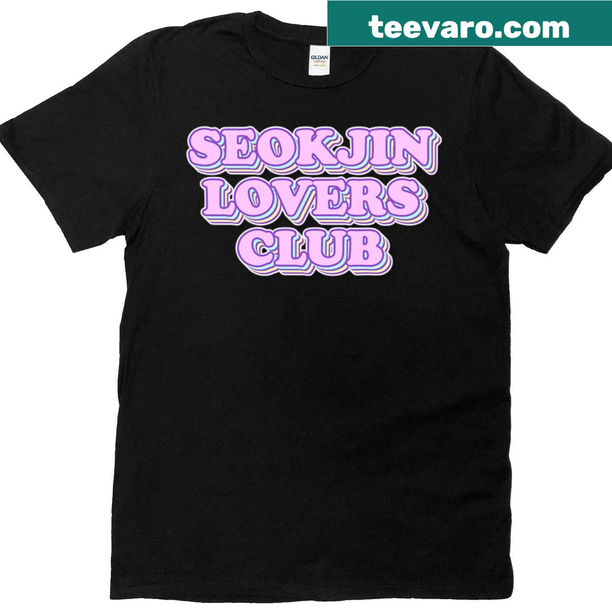 Retro typography t-shirt with 'Seokjin Lovers Club' text — on a men's t-shirt