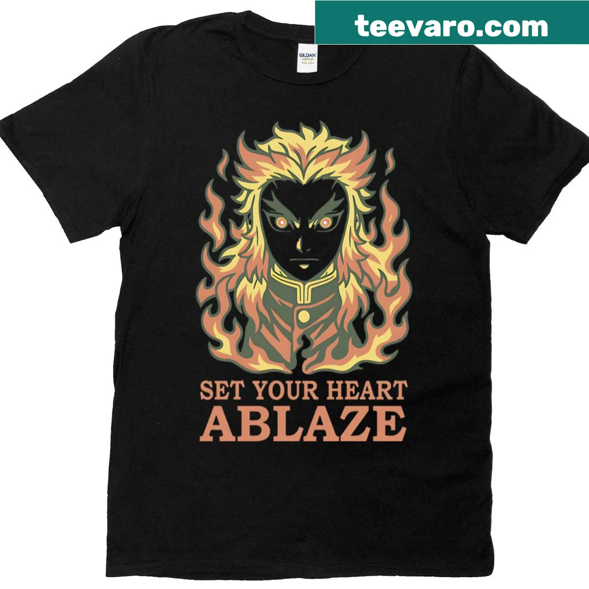 Fiery anime warrior graphic with the phrase Set Your Heart Ablaze — on a men's t-shirt