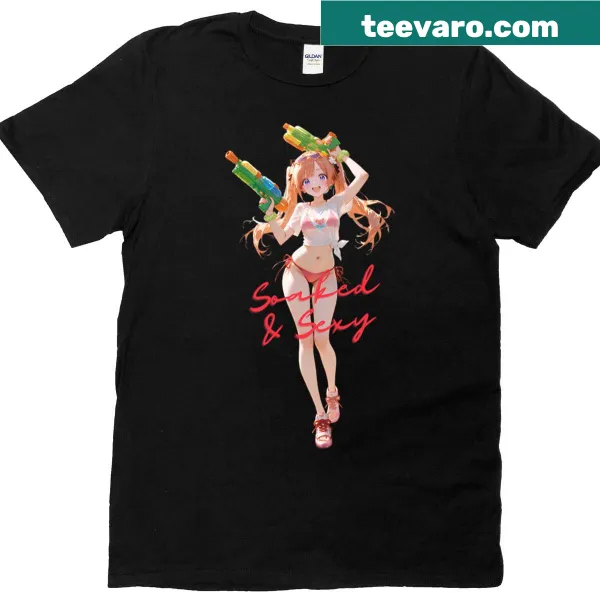 Anime girl with water gun cartoon graphic T-shirt