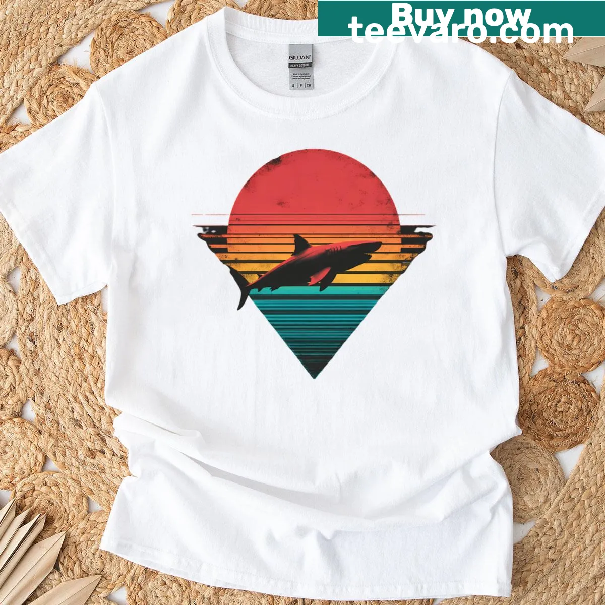 Illustrated t-shirt featuring sharks and marine biology artwork — on a men's t-shirt