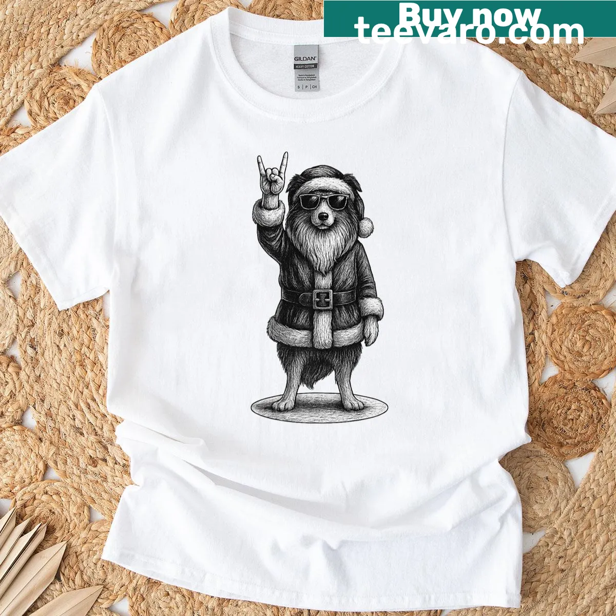 Shetland Sheepdog rocking out in a Christmas-themed t-shirt design — on a men's t-shirt