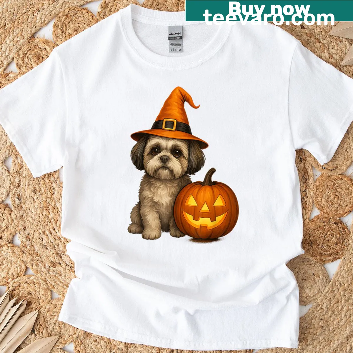 Family matching T-shirt featuring a Shih Tzu in a pumpkin costume — on a men's t-shirt