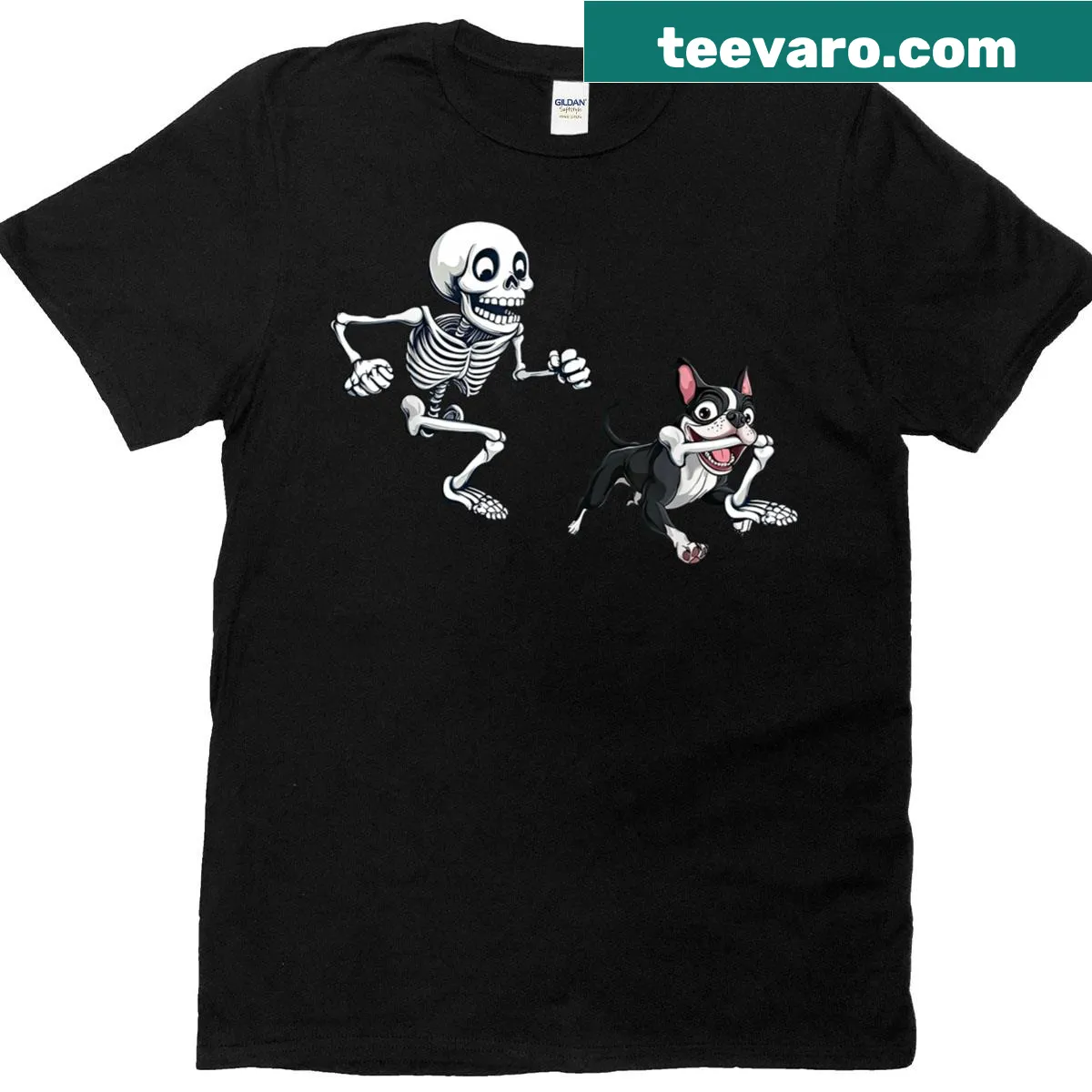 Halloween shirt with skeleton chasing a Boston Terrier design — on a men's t-shirt
