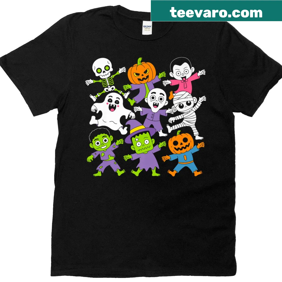 Fun T-shirt featuring dancing skeletons and pumpkins for Halloween — on a men's t-shirt