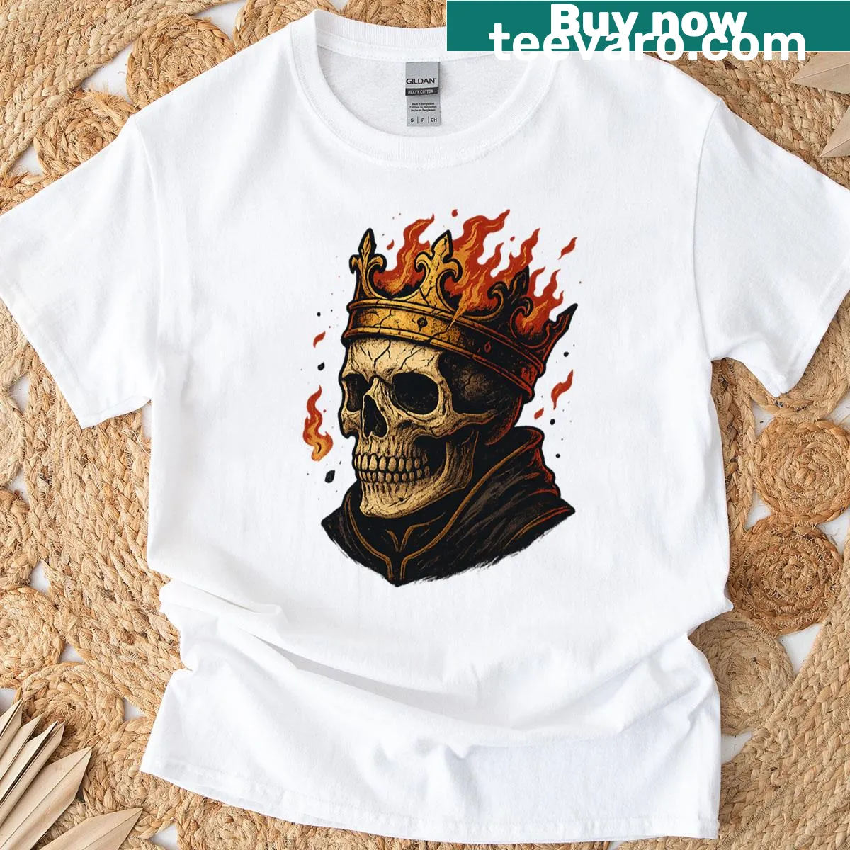 Gothic T-shirt featuring a skeleton king with a crown of ashes — on a men's t-shirt